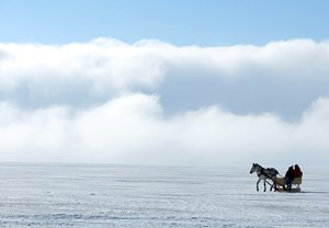 Kars'a gelen ziyaretçiler, Ani Örenyeri'ni gezdikten sonra Çıldır Gölü'nün buzla kaplı zemininde atlı kızaklarla tur atmayı da ihmal etmiyor.